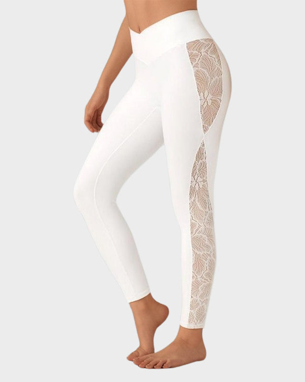 Leggings de Yoga Elegantes com Painel de Renda e Cintura Alta