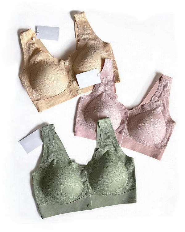 Soutien respirável feminino com renda, sem costura, push-up e botões frontais