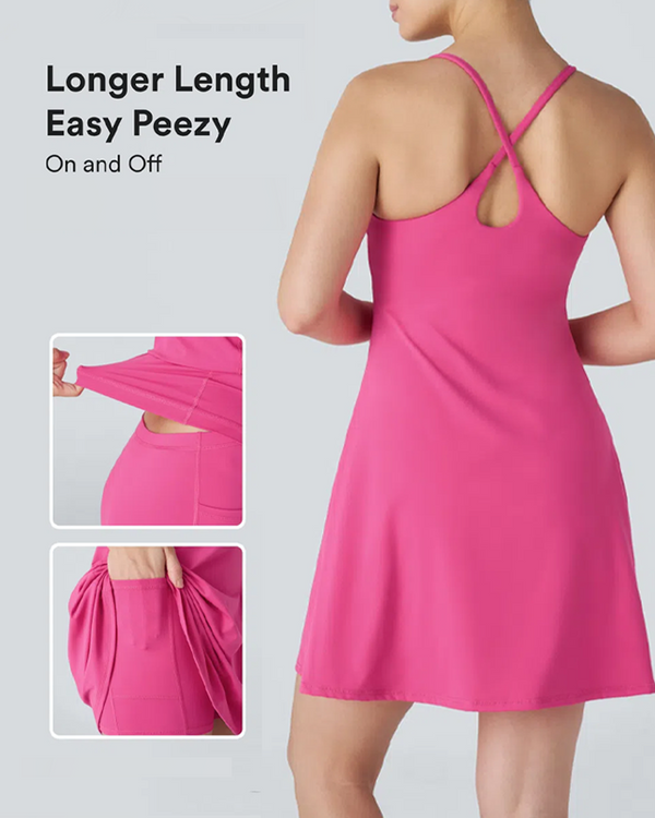 Vestido Desportivo Casual Sem Mangas de Cor Sólida para Mulher com Calções de Bolso