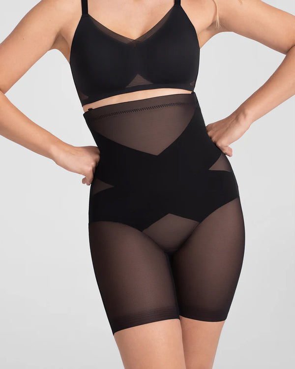 Pantalones cortos de malla de doble capa de alta cintura que moldean el cuerpo y levantan el abdomen, transpirables