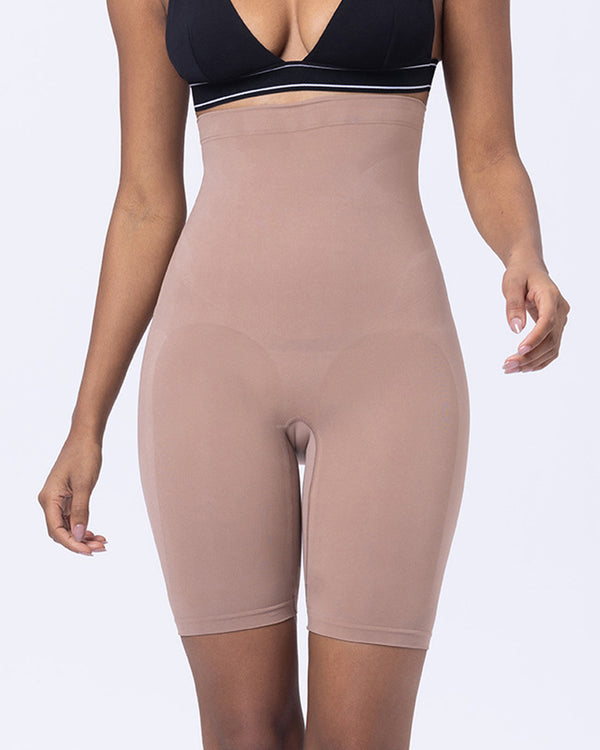 Pantalones cortos elásticos moldeadores de altura con control de abdomen y levantamiento de glúteos sin costuras de tiro medio para mujer