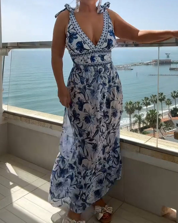 Traje de baño de una pieza con estampado floral retro en bloques de color y falda con escote en V y cordones