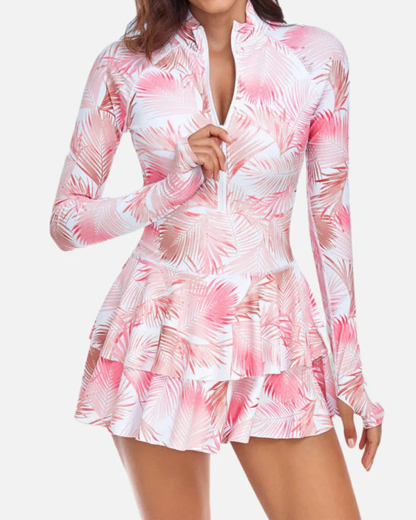 Traje de baño de una pieza de manga larga con falda rizada y estampado de vacaciones en la playa UPF50+