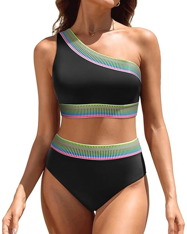 Conjunto de bikini de cintura alta con un hombro y color bloque para mujer