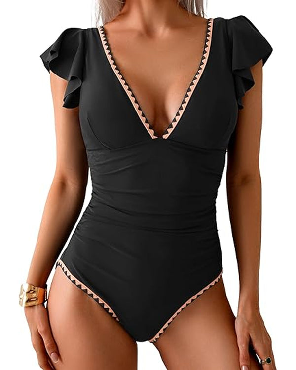 Traje de baño de una pieza impreso con control de abdomen y mangas cortas con volantes en forma de V profunda