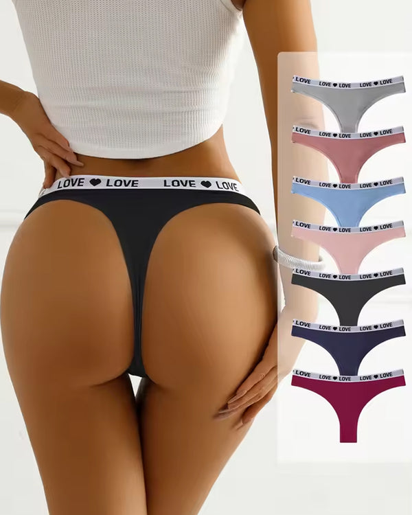 Tanga de algodão para mulher, baixa, com blocos de cor e letras em forma de coração