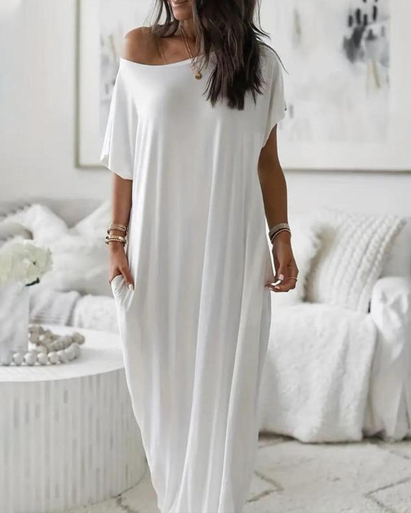 Vestido corto de manga bat de color sólido para mujer, casual y cómodo