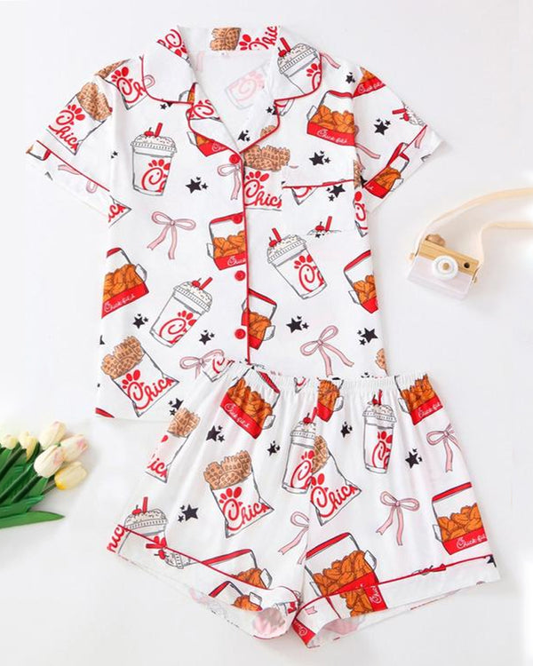 Conjunto de Pijama de Duas Peças para Mulher com Estampa Divertida de Frango Frito, Camisa de Manga Curta com Lapela e Calções