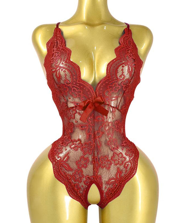 Mono de pijama de encaje floral translúcido sexy con diseño de espalda cruzada y abertura en la entrepierna