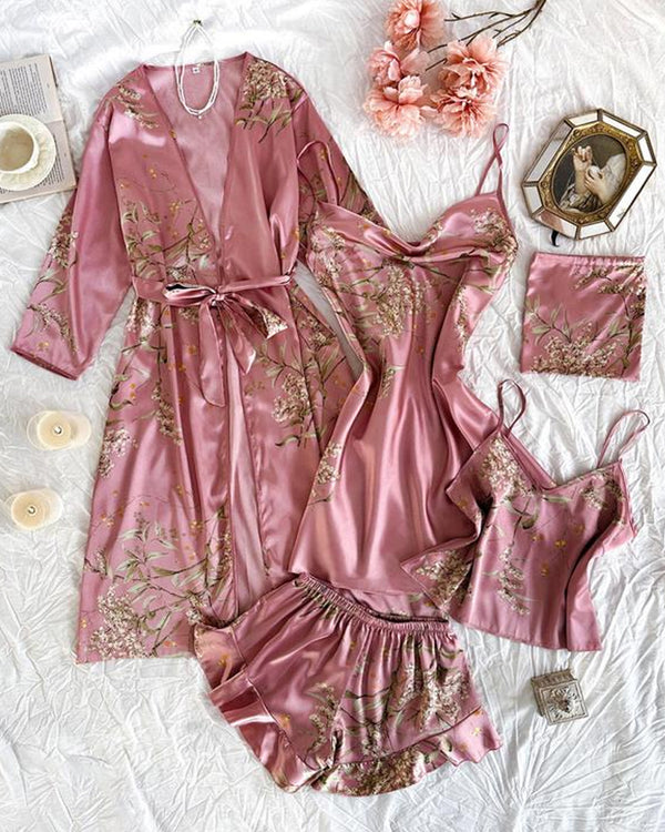 Conjunto de Cinco Peças para Casa: Top de Alças em Cetim com Estampa para Mulher, Calções com Alças, Vestido com Alças, Camisola de Noite