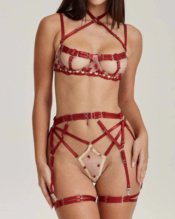 Conjunto com Decoração de Coração em Renda Floral Sexy, Costura Bicolor e Alças Ajustáveis