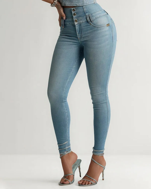 Hoch taillierte Bauch-kontrollierende Stretch-Rücken Skinny Jeans