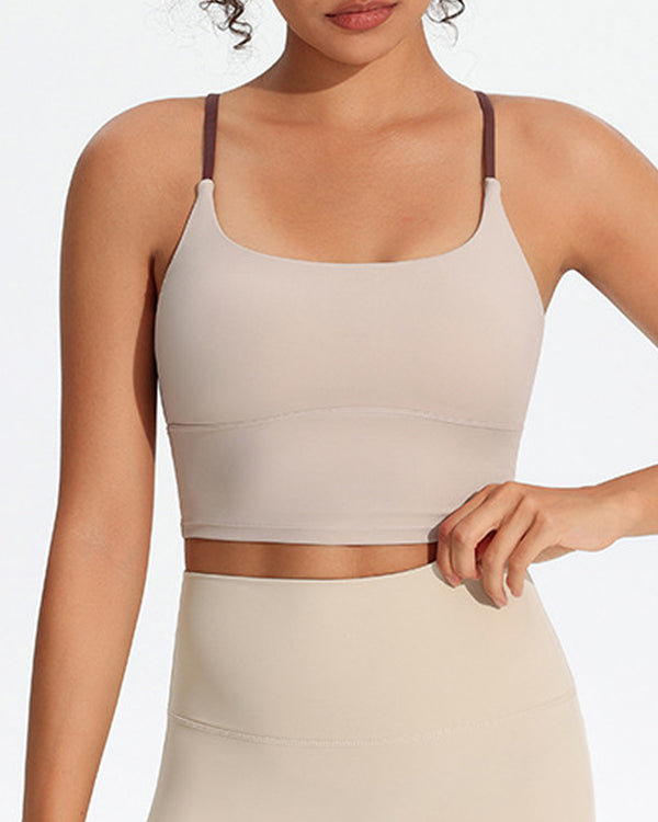 Colete de Yoga Desportivo Feminino com Alças Cruzadas, Almofada de Peito Fixa Sem Costura e Cor Contrastante