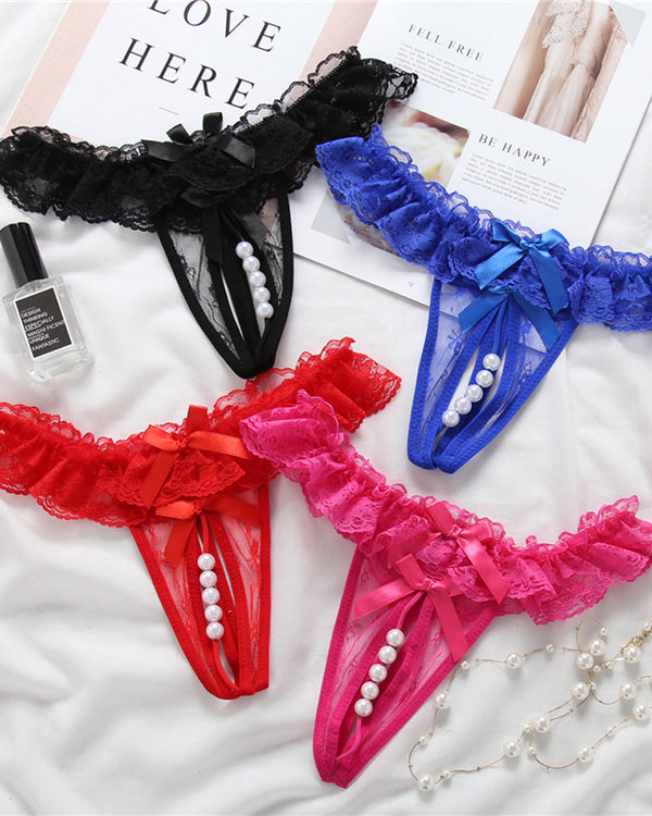 Tanga Sexy com Pérolas de Massagem e Renda sem Entremeio