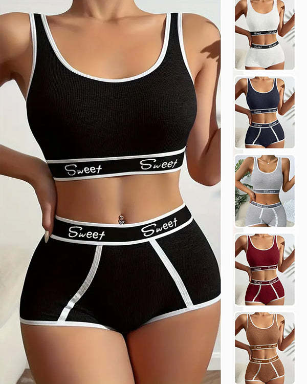 Conjunto Casual Desportivo de Soutien Contrastante Yoga Letter e Cuecas Boxer