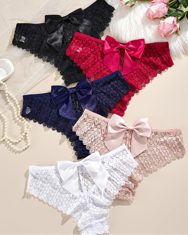 Cuecas confortáveis perfuradas de renda com laço sexy e respirável