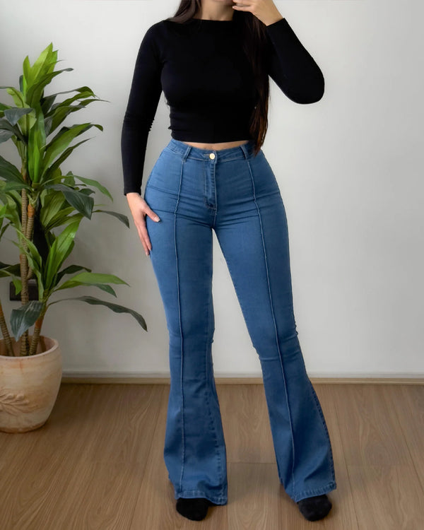 Modische einfarbige Stretch-Jeans mit ausgestelltem Bein