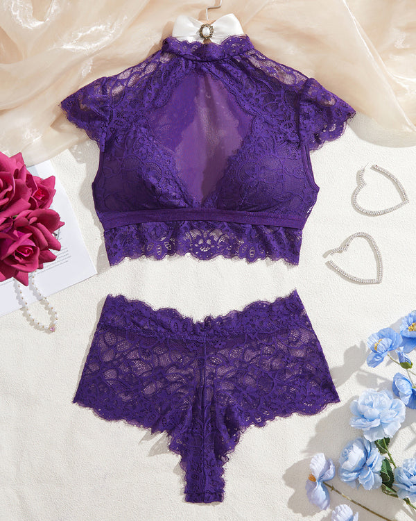 Conjunto de Ropa Interior de Sujetador Sin Espalda de Encaje de Malla Transparente de Cuello Alto