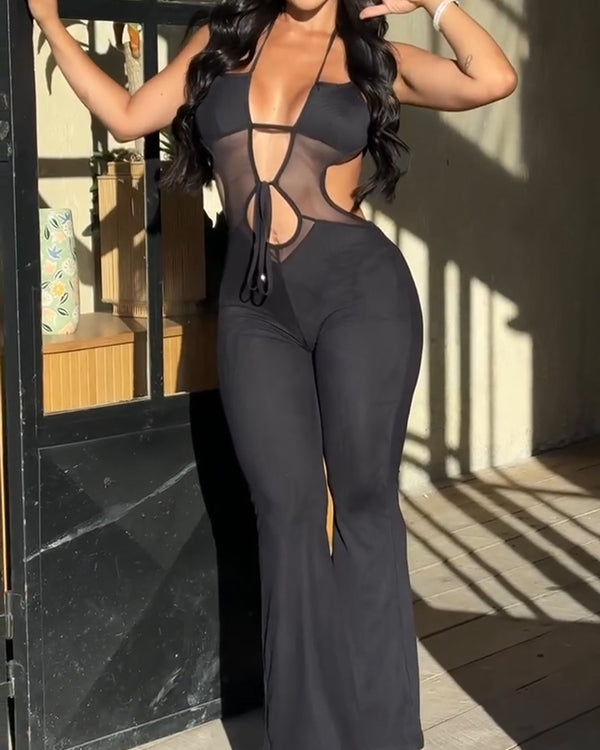 Sexy ärmelloser Neckholder Rückenfreier leicht ausgestellter weiter Hosenanzug