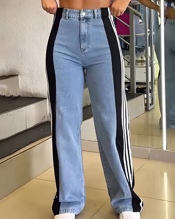 Fashion Striped Colorblock Wide-leg Jeans