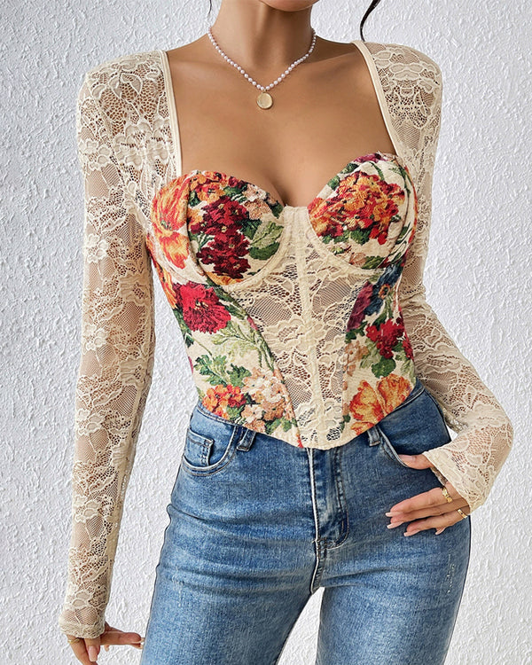 Retro Square Neck Floral Lace Panel Long Sleeve Top