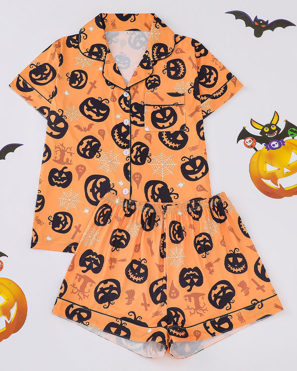 Casual Halloween Lapel Short-Sleeved Shorts Homewear Set