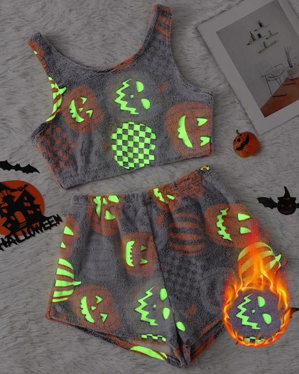 Halloween Flannel Luminous Pumpkin Ghost Print Vest and Elastic Waist Shorts Pajama Set