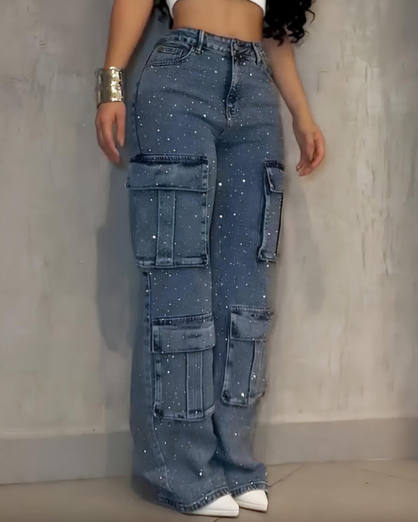 Jeans Casuales de Pierna Recta con Múltiples Bolsillos y Diamante