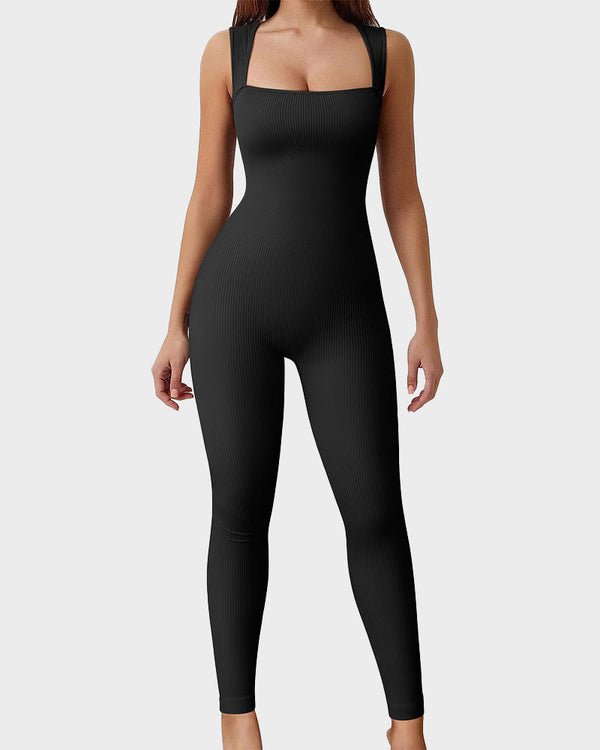 Ribbed Square Neck Sleeveless Workout Jumpsuit