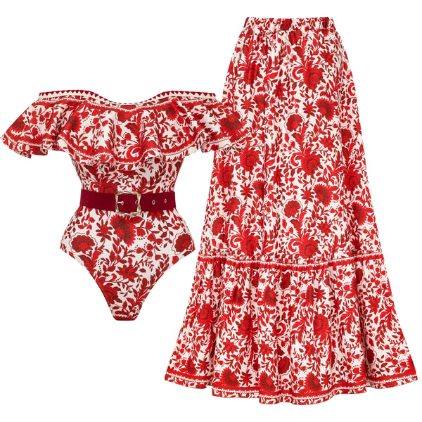 Bandeau Ruffled Red Flower Silhouette Print One Piece Swimsuit and Skirt