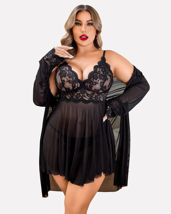 Conjuntos de Lingerie Exótica em Renda para Pijamas Plus Size