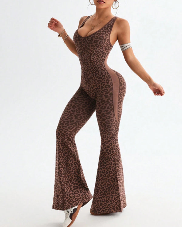Leopard Print Crossback Seamless Elastic Yoga Fitness Jumpsuit