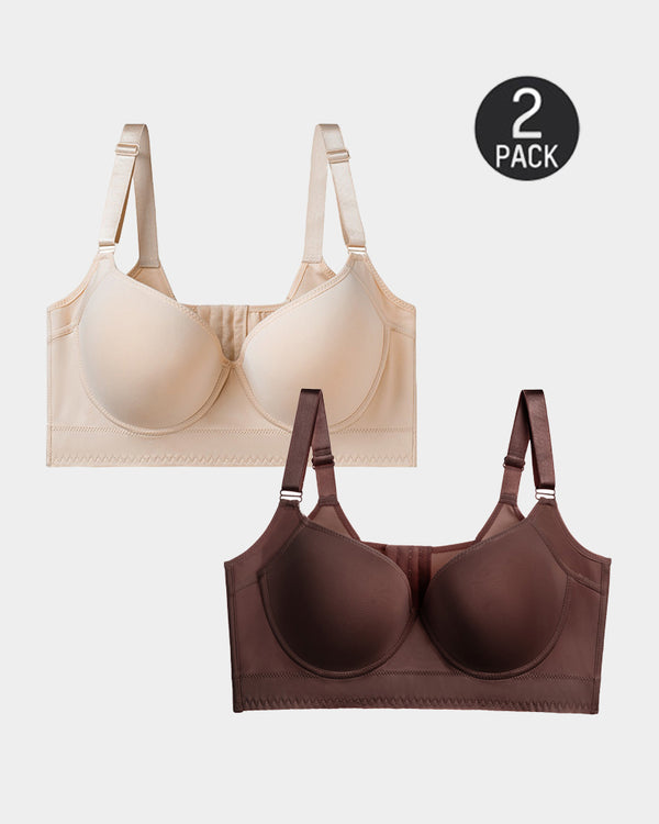 [2-Pack] Extra Firm High Compression Full Cup Push Up Bra - Tan+Brown