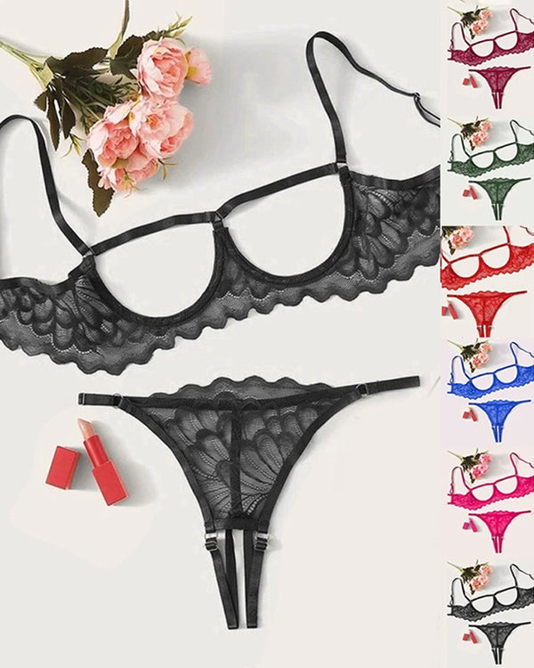Sexy Lace Hollow Anti-Sagging Bra and Crotchless Thong Set