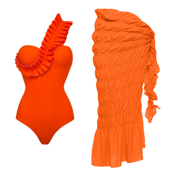 One Shoulder Ruffle One Piece Orange Swimsuit and Sarong