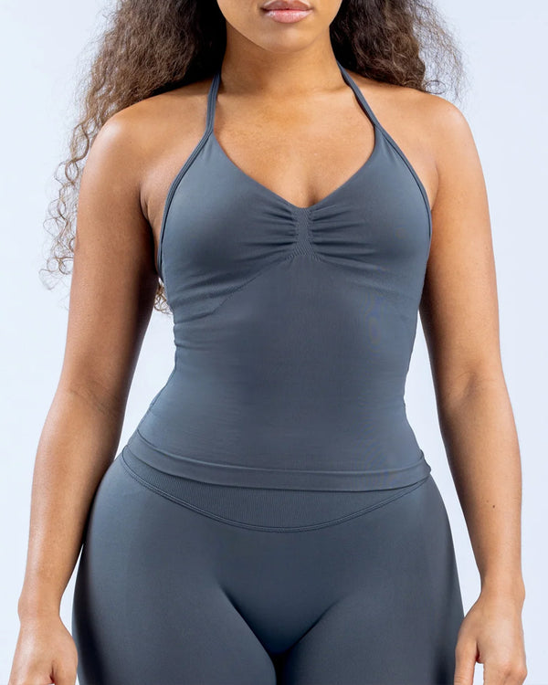 Top sem costas respirável plissado de cor sólida e calções de cintura alta que levantam as ancas Conjunto de fitness para yoga