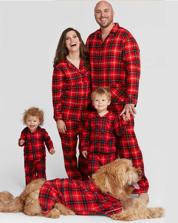 Christmas Red Plaid Print Crew Neck Family Pajama Set