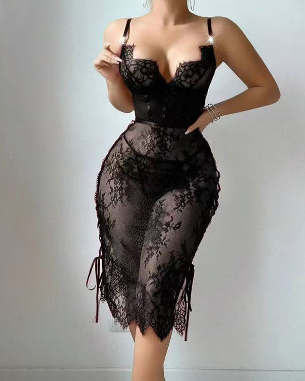 Sexy Flower Lace Hollow See-Through Side Strap Long Suspender Dress